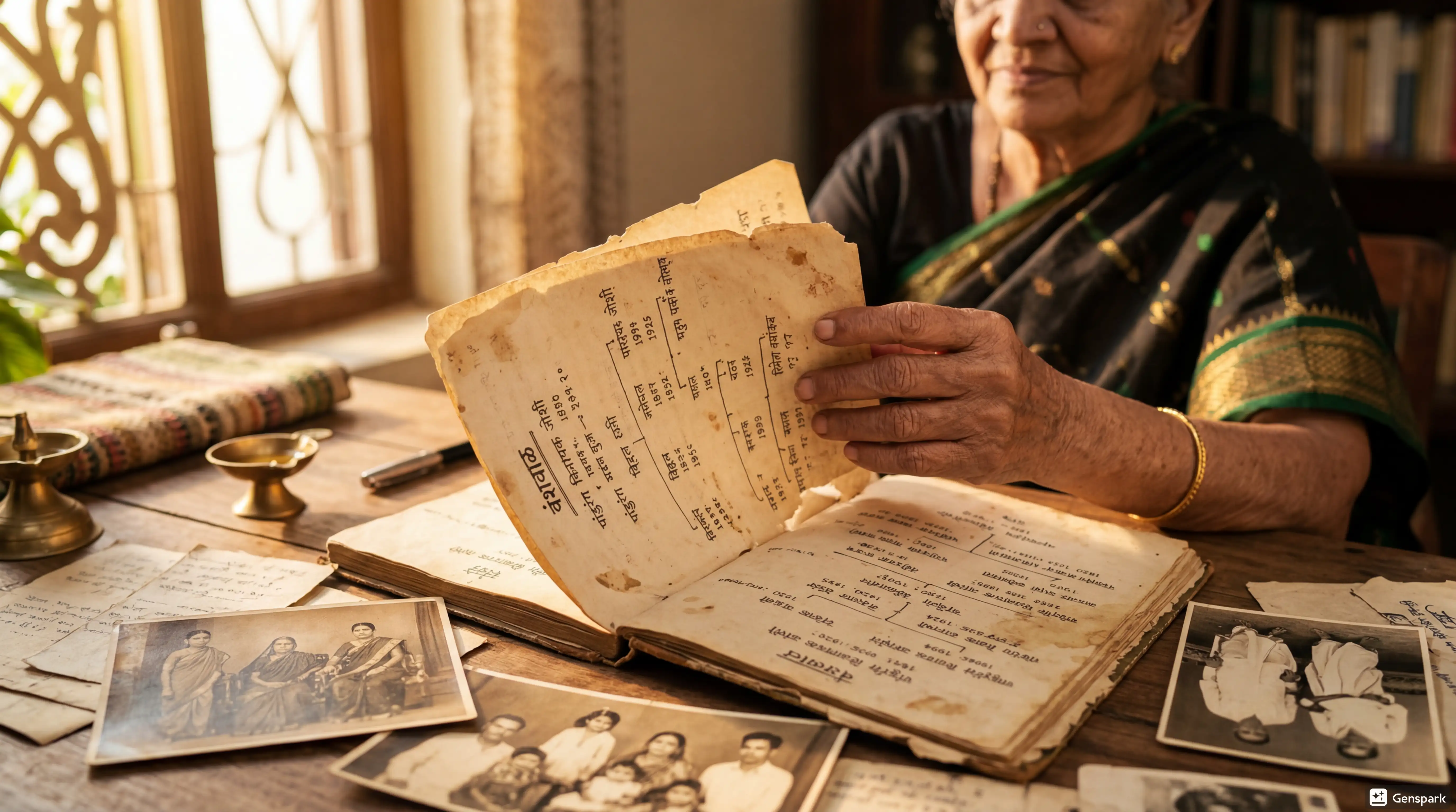 Grandmother looking through old family photographs at a sunlit desk
