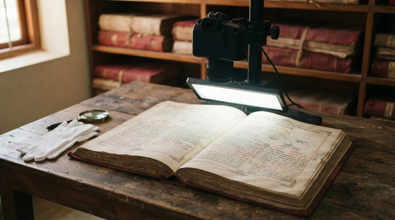 Old handwritten family ledger being digitised under a scanner light