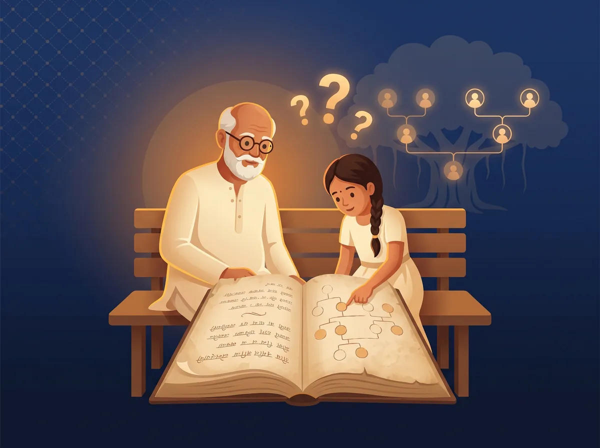 A grandfather and his granddaughter reading an old handwritten family genealogy book together, with a glowing family tree in the background.